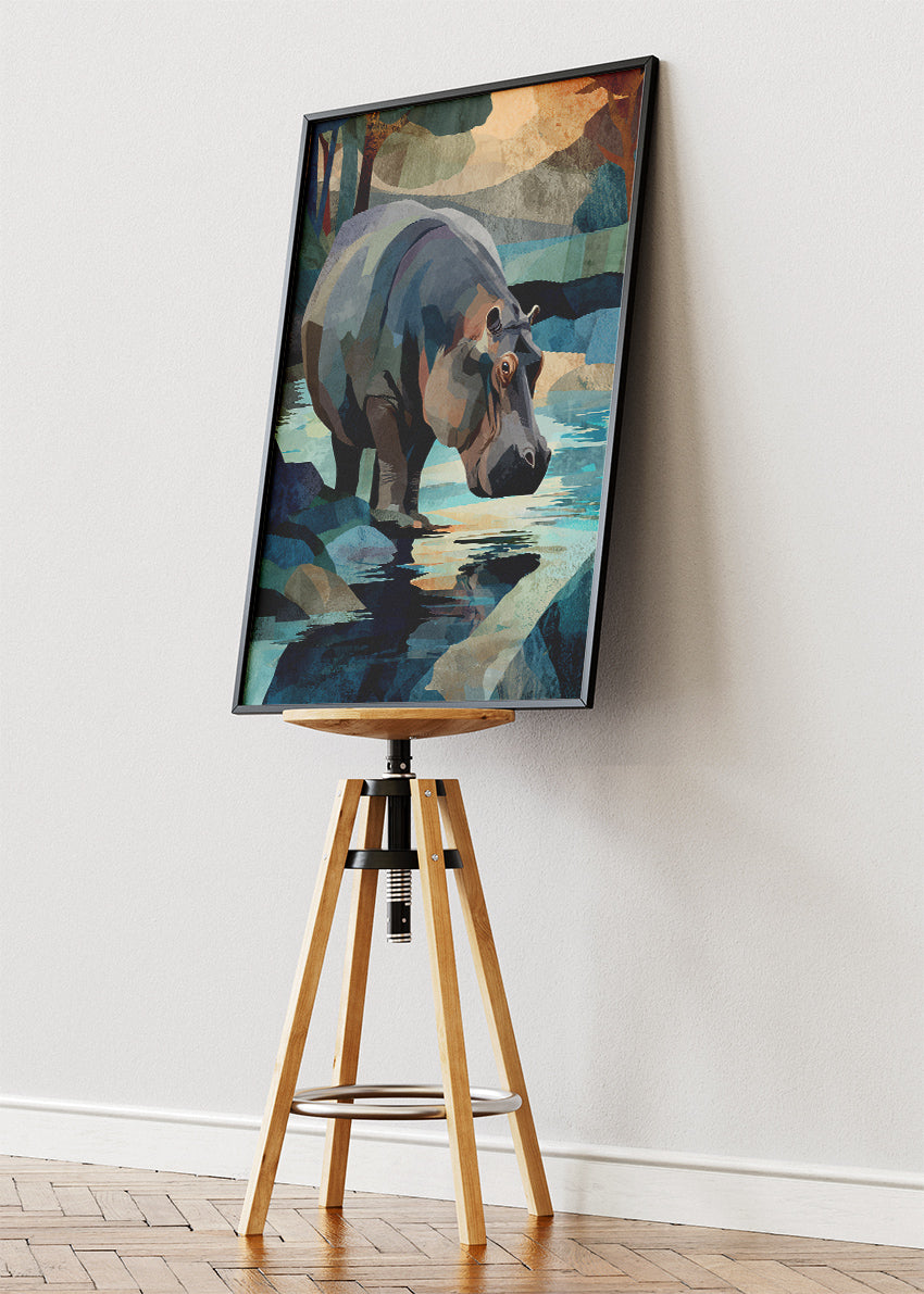 Hippo River Canvas Print & Poster – Modern Wildlife Landscape Wall Art