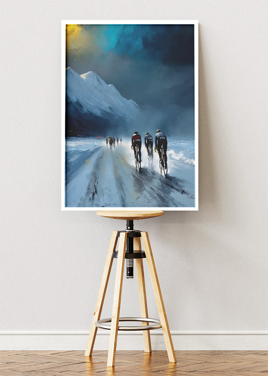 Icy Alpine Cycling Poster & Canvas Art Print – Peloton Riding Through Snowy Mountain Pass