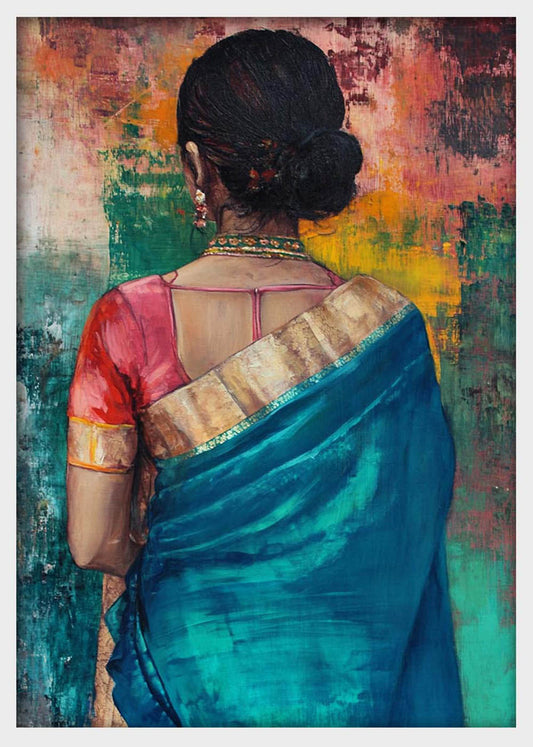 Indian Woman in Teal Sari – Traditional Back View Canvas & Poster Wall Art – T1284 – AiPrintLab
