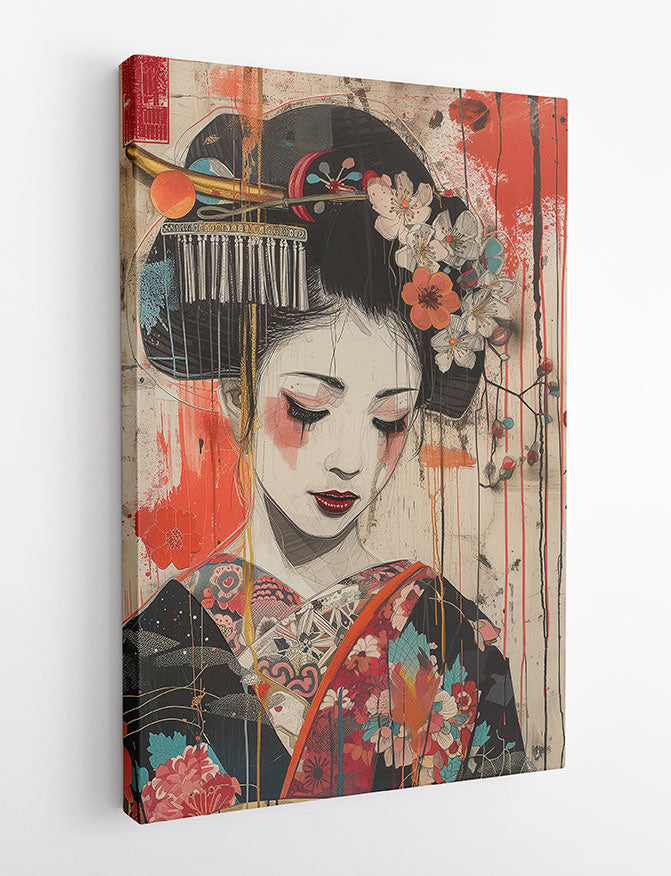 Japanese Geisha in Floral Kimono – Contemporary Asian-Inspired Canvas Print & Poster Art – T1010 – AiPrintLab
