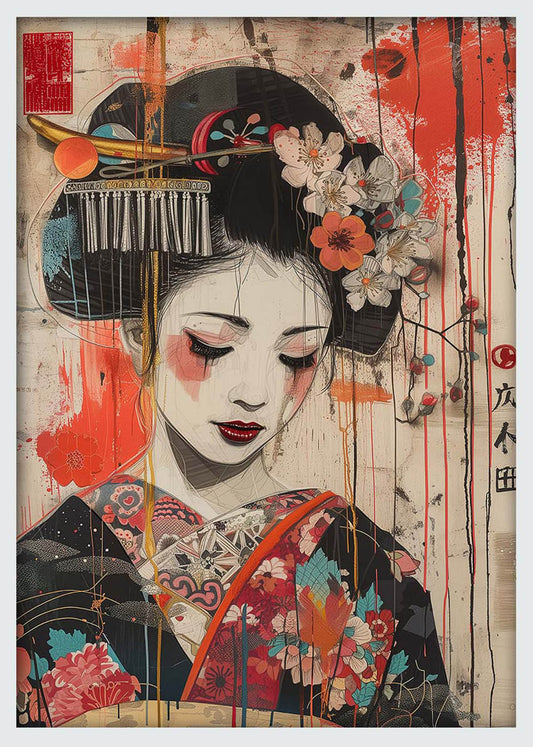 Japanese Geisha in Floral Kimono – Contemporary Asian-Inspired Canvas Print & Poster Art – T1010 – AiPrintLab