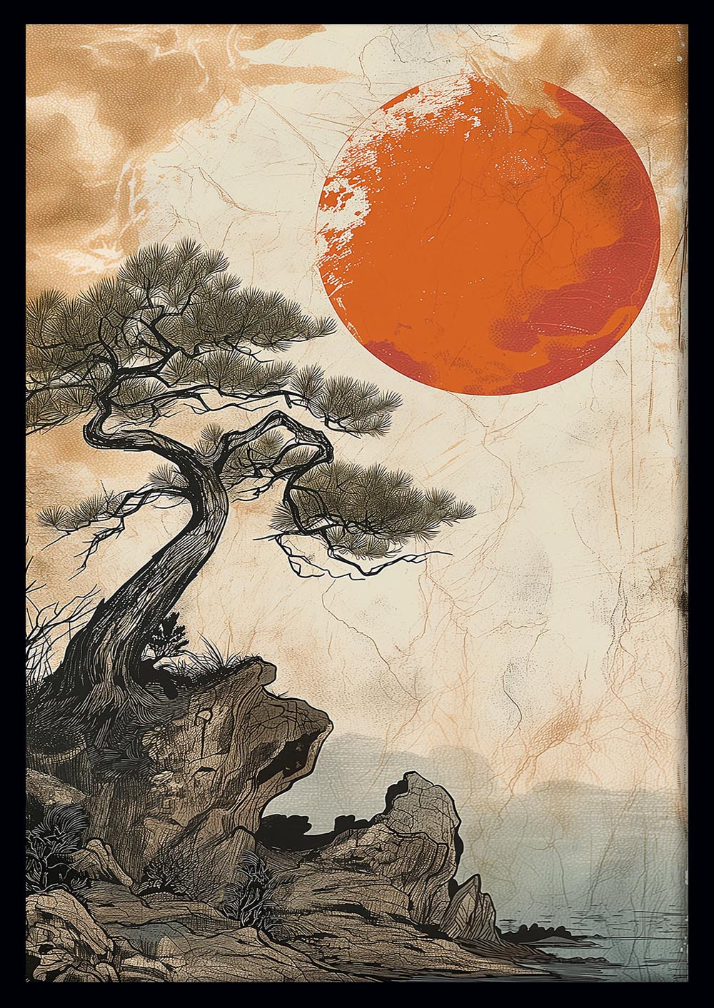 Japanese Red Sun & Pine Tree Print – Zen Minimalist Nature Wall Art – T1169 – AiPrintLab