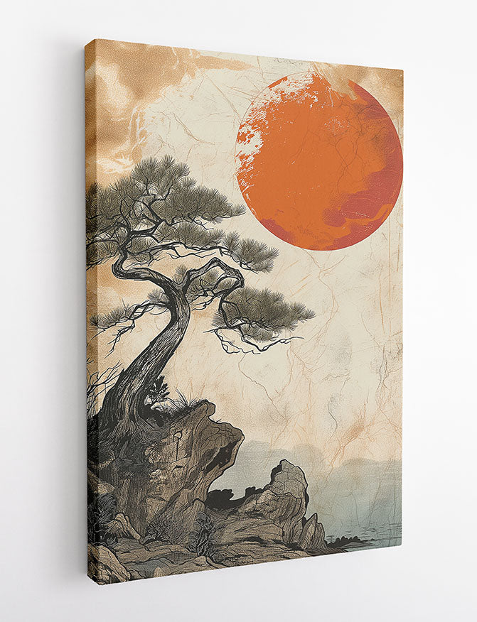 Japanese Red Sun & Pine Tree Print – Zen Minimalist Nature Wall Art – T1169 – AiPrintLab