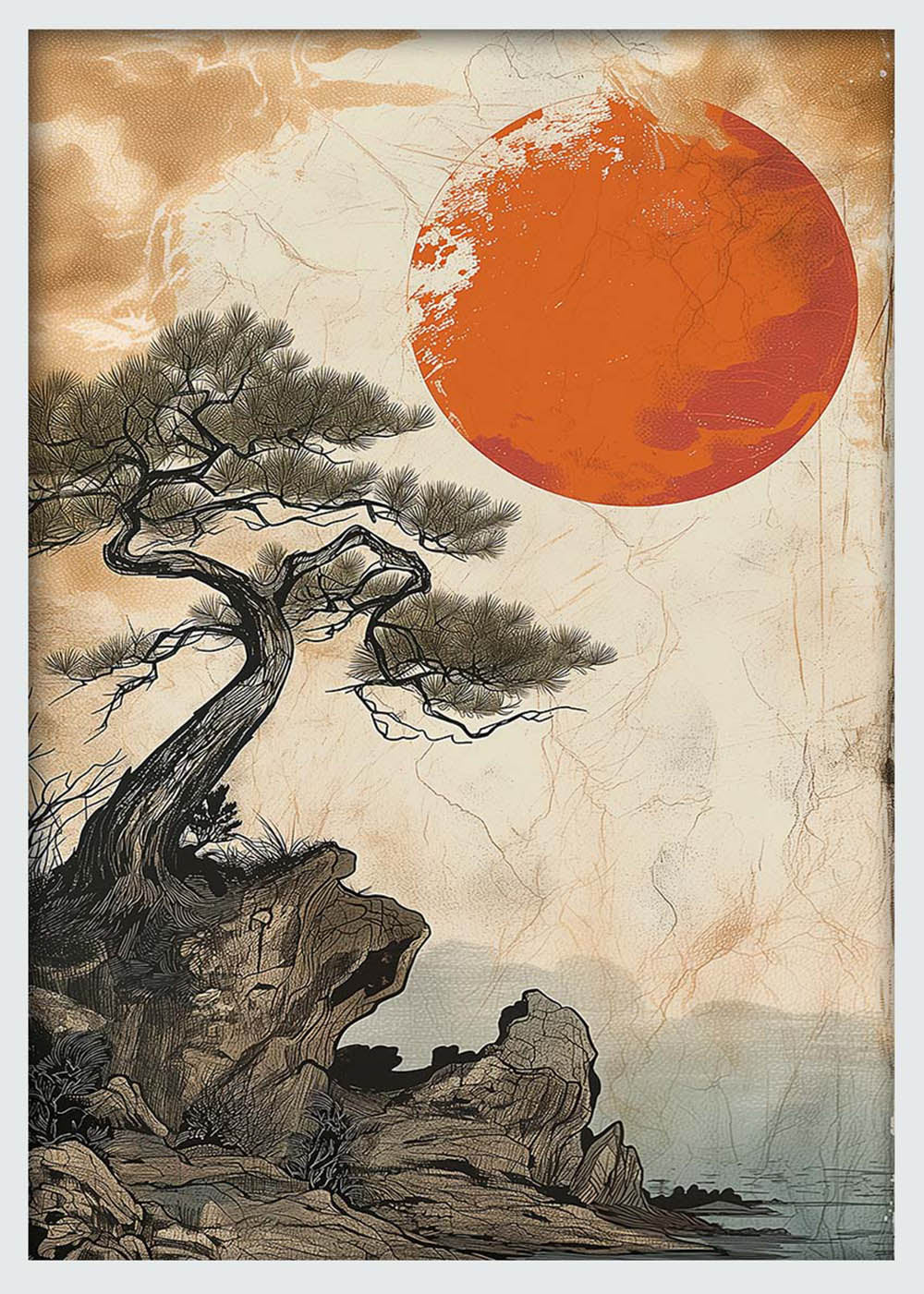 Japanese Red Sun & Pine Tree Print – Zen Minimalist Nature Wall Art – T1169 – AiPrintLab