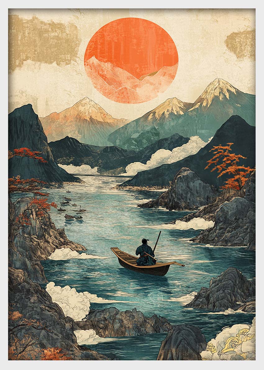 Japanese River Landscape Wall Art – Rising Sun Canvas & Poster Print – T1443 –