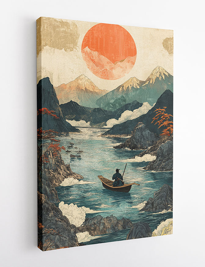 Japanese River Landscape Wall Art – Rising Sun Canvas & Poster Print – T1443 –
