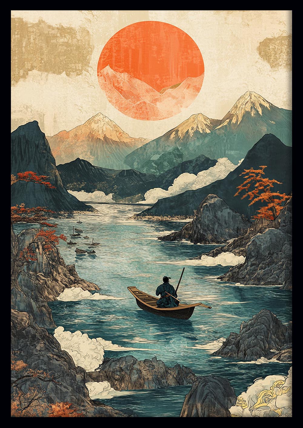 Japanese River Landscape Wall Art – Rising Sun Canvas & Poster Print – T1443 –