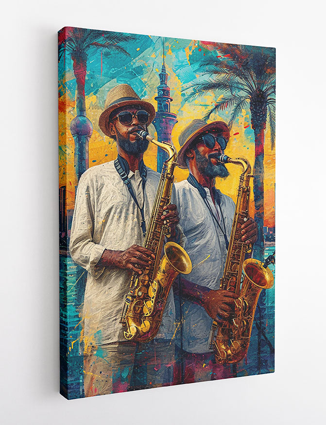 Jazz Saxophone Duo – Vibrant Street Music Canvas & Poster Wall Art – T1103 – AiPrintLab
