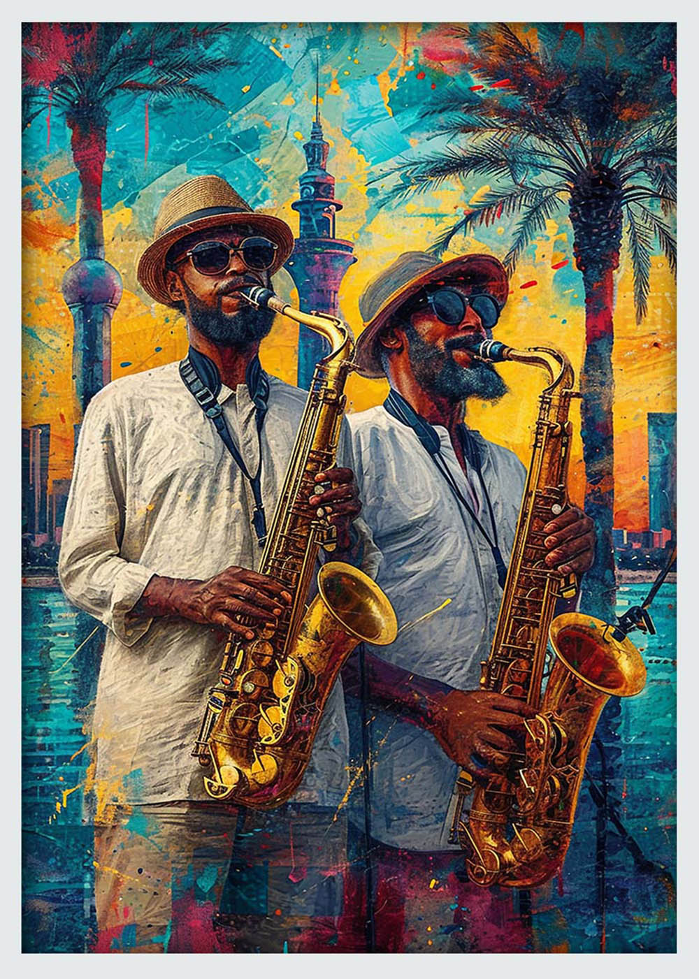 Jazz Saxophone Duo – Vibrant Street Music Canvas & Poster Wall Art – T1103 – AiPrintLab