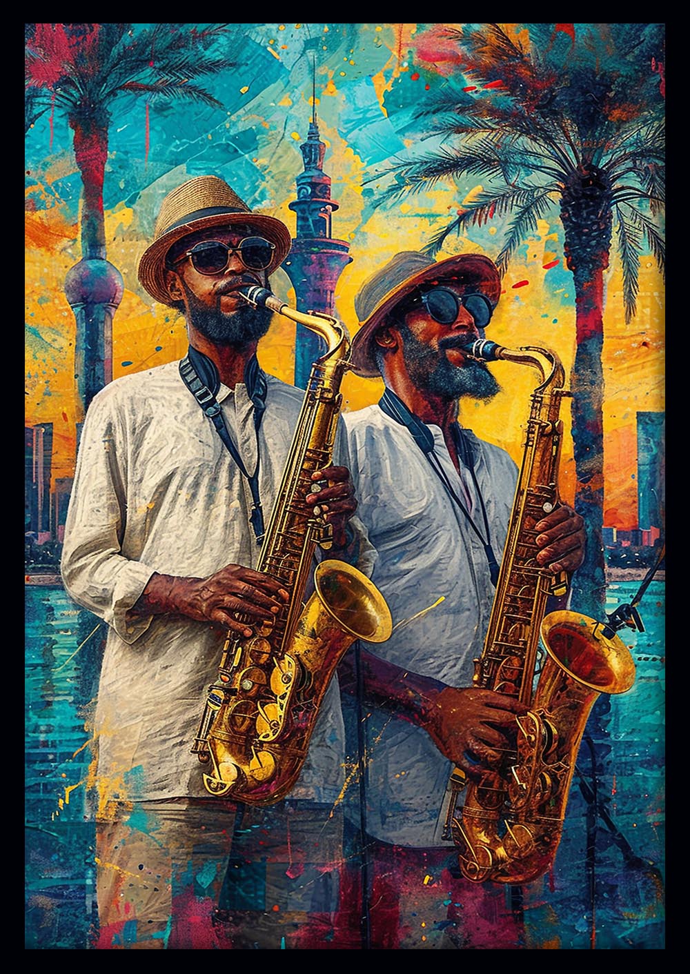 Jazz Saxophone Duo – Vibrant Street Music Canvas & Poster Wall Art – T1103 – AiPrintLab