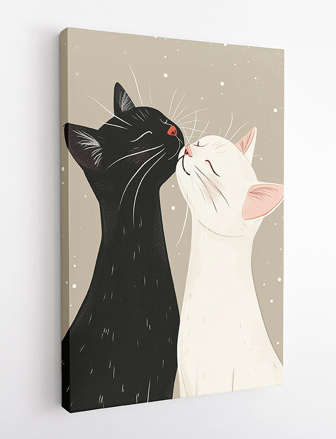 Kissing Cats Minimalist Illustration – Cute Black & White Cat Canvas Poster – T996 – AiPrintLab