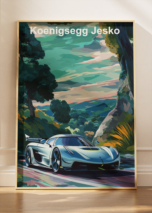 Koenigsegg Jesko Scenic Landscape Art Poster & Canvas Print – Luxury Hypercar Wall Art