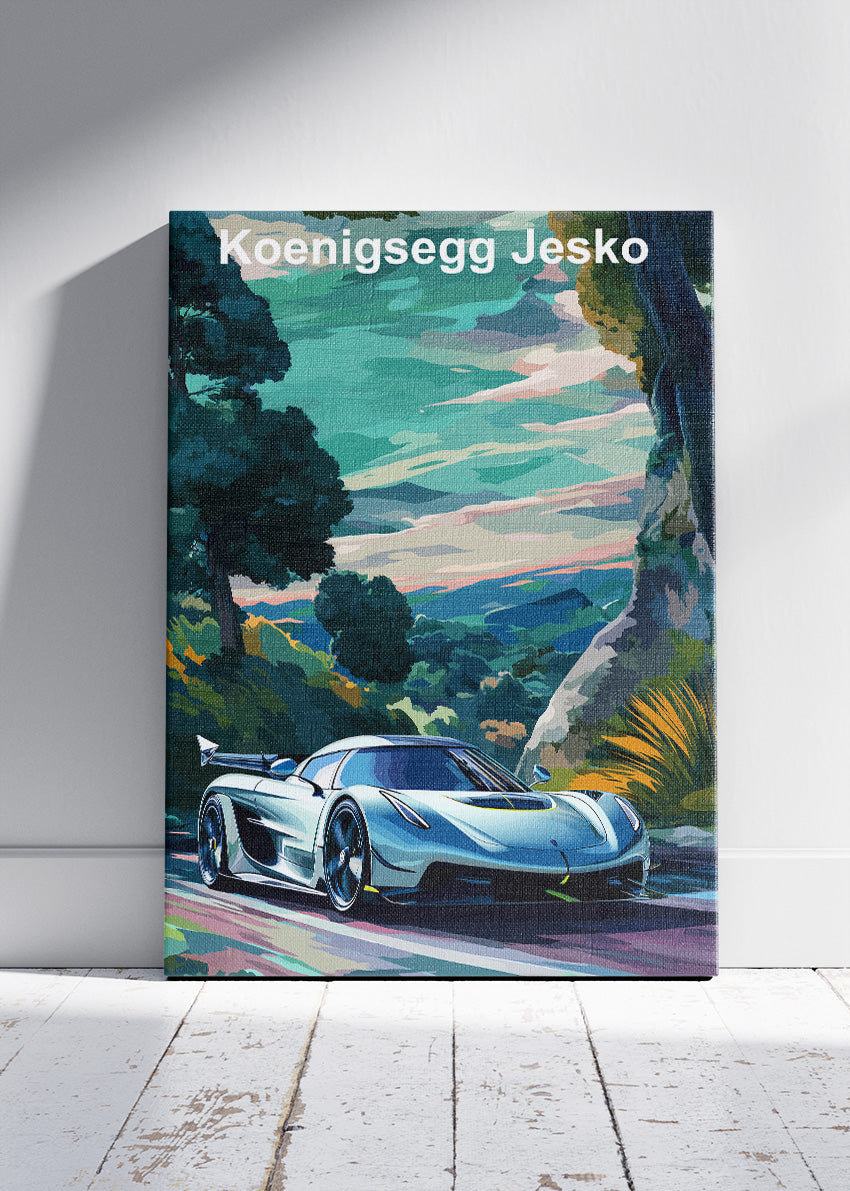 Koenigsegg Jesko Scenic Landscape Art Poster & Canvas Print – Luxury Hypercar Wall Art