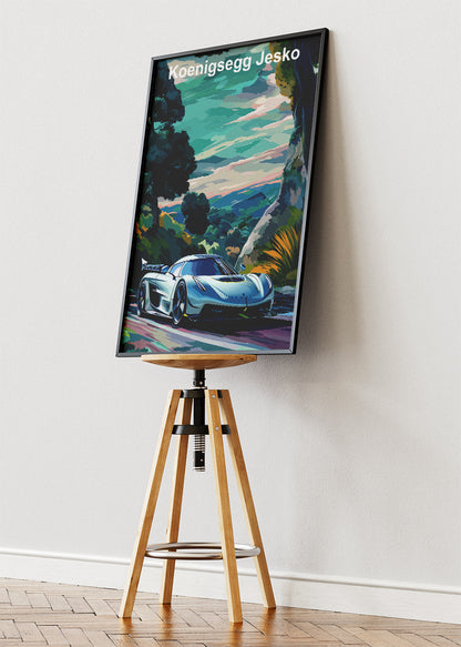 Koenigsegg Jesko Scenic Landscape Art Poster & Canvas Print – Luxury Hypercar Wall Art