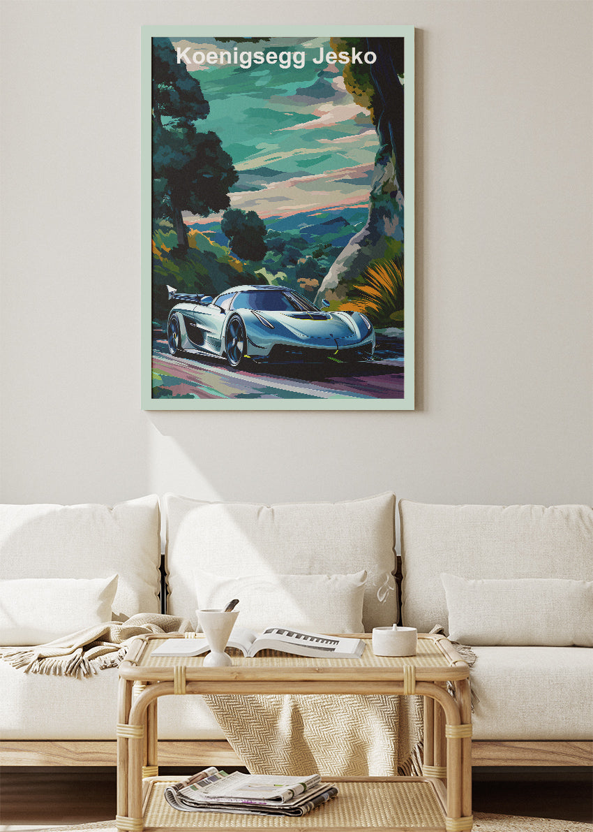 Koenigsegg Jesko Scenic Landscape Art Poster & Canvas Print – Luxury Hypercar Wall Art