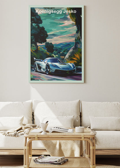 Koenigsegg Jesko Scenic Landscape Art Poster & Canvas Print – Luxury Hypercar Wall Art