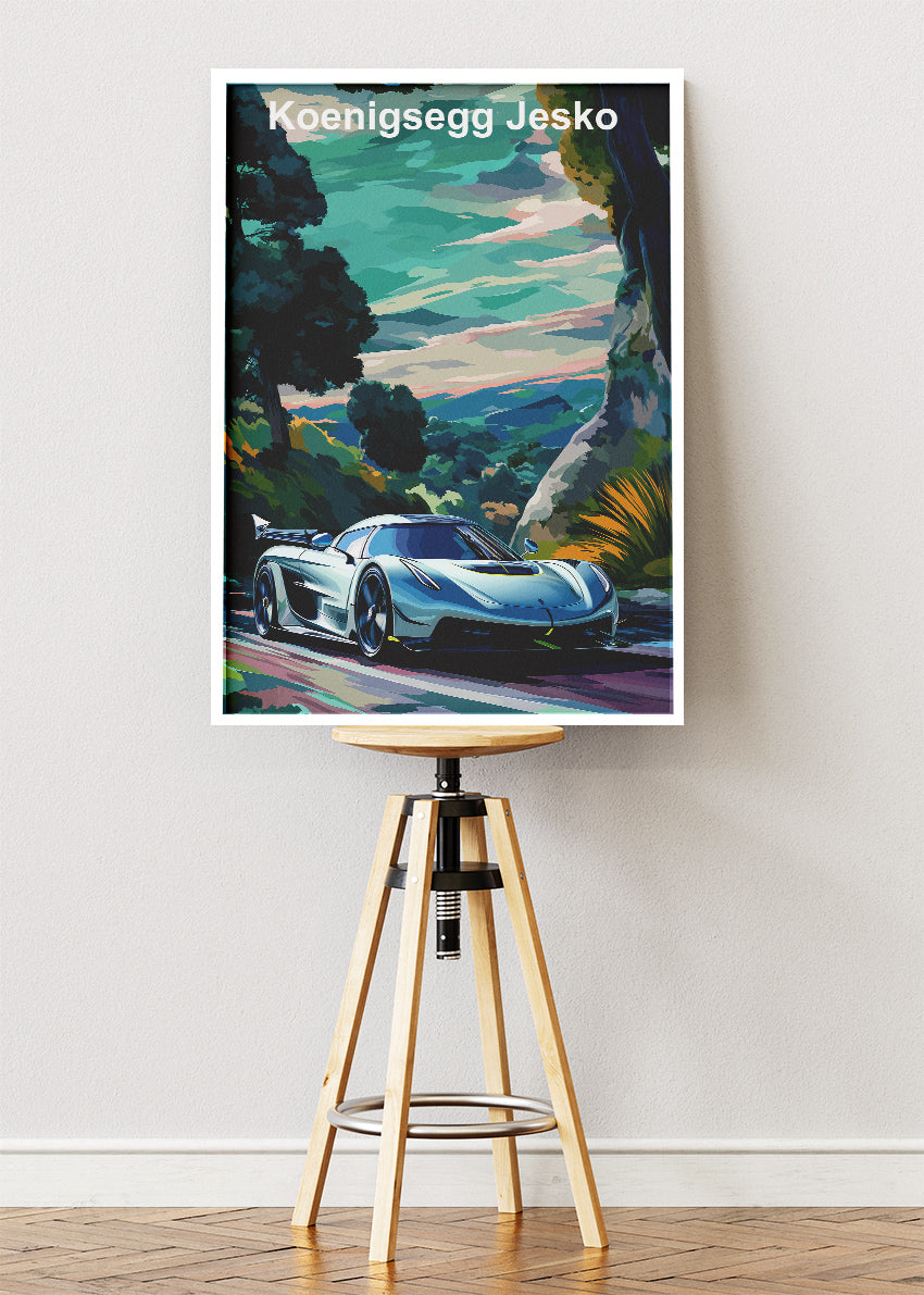 Koenigsegg Jesko Scenic Landscape Art Poster & Canvas Print – Luxury Hypercar Wall Art