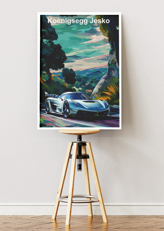 Koenigsegg Jesko Scenic Landscape Art Poster & Canvas Print – Luxury Hypercar Wall Art