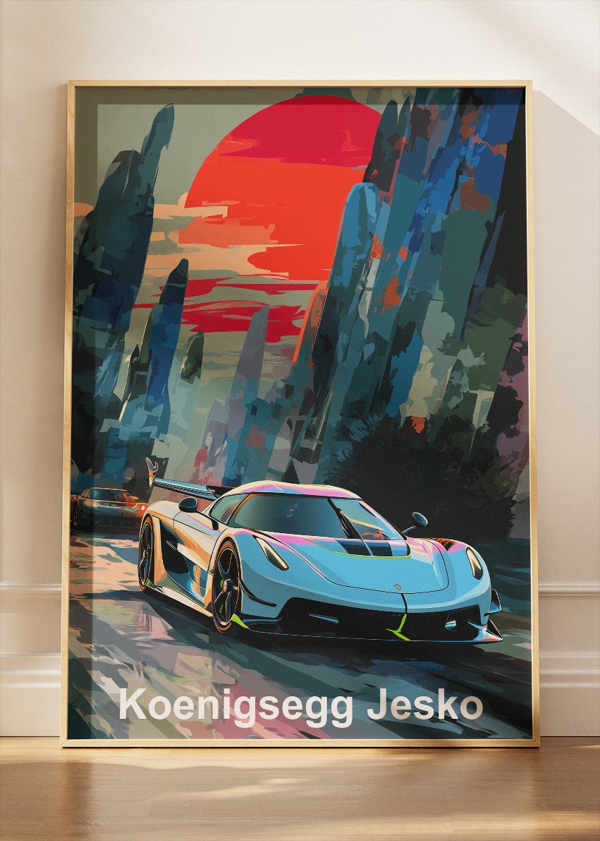 Koenigsegg Jesko Sunset Drive Art Poster & Canvas Print – Luxury Hypercar Wall Art