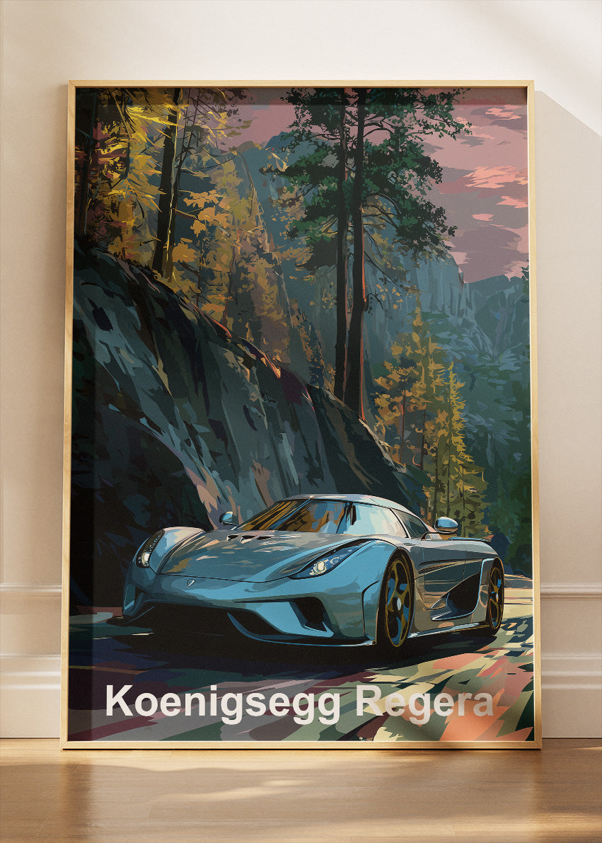 Koenigsegg Regera Forest Drive Art Poster & Canvas Print – Luxury Hypercar Wall Art