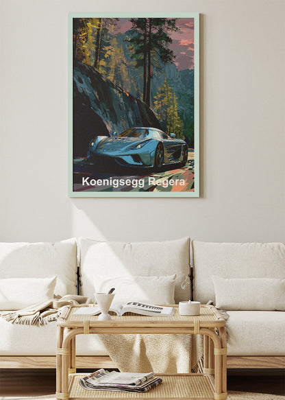Koenigsegg Regera Forest Drive Art Poster & Canvas Print – Luxury Hypercar Wall Art