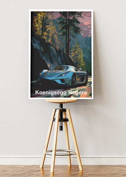 Koenigsegg Regera Forest Drive Art Poster & Canvas Print – Luxury Hypercar Wall Art