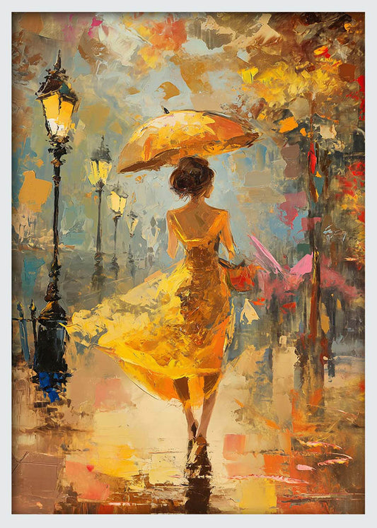 Lady in Yellow Dress – Romantic Rainy Street Canvas & Poster Wall Art – T1216 – AiPrintLab