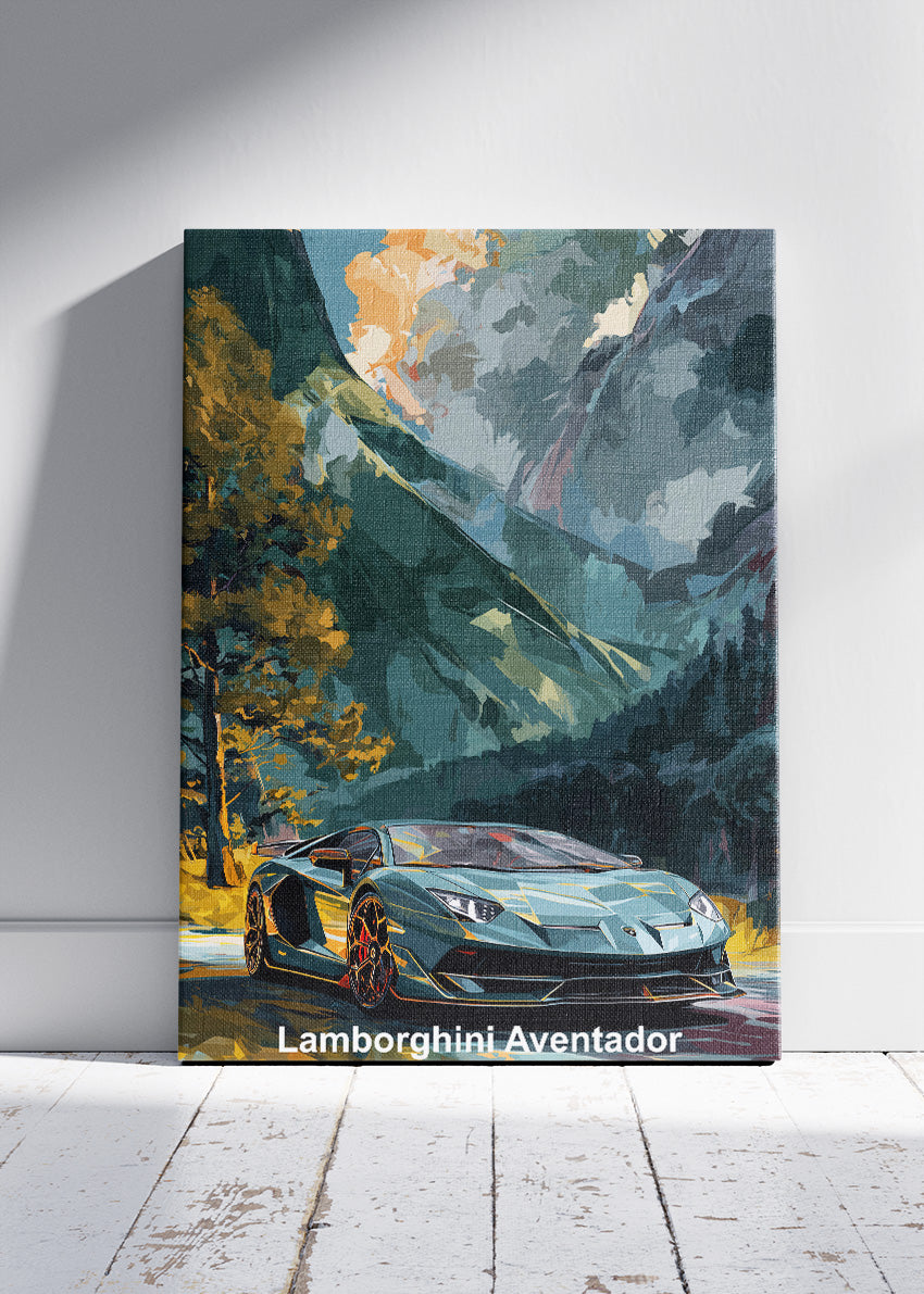 Lamborghini Aventador Mountain Drive Art Poster & Canvas Print – Luxury Exotic Car Wall Art