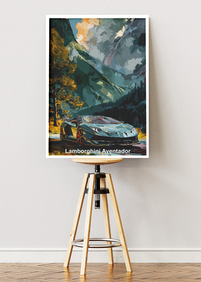 Lamborghini Aventador Mountain Drive Art Poster & Canvas Print – Luxury Exotic Car Wall Art
