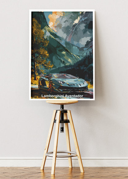 Lamborghini Aventador Mountain Drive Art Poster & Canvas Print – Luxury Exotic Car Wall Art