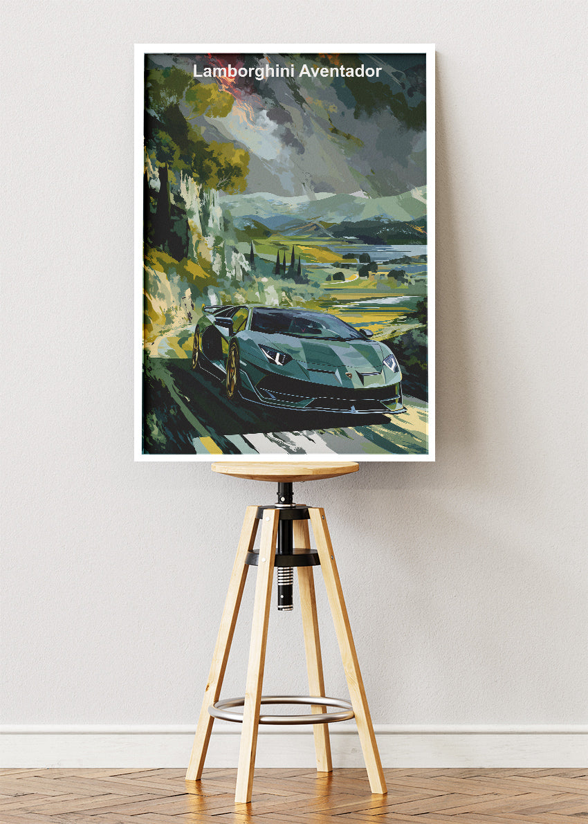 Lamborghini Aventador Scenic Drive Art Poster & Canvas Print – Luxury Exotic Car Wall Art