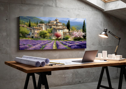 Lavender Fields & Mediterranean Village Canvas Wall Art – Single & 3 Panel Split – AI PRINT LAB