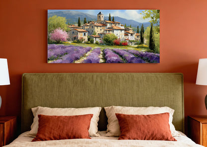 Lavender Fields & Mediterranean Village Canvas Wall Art – Single & 3 Panel Split – AI PRINT LAB