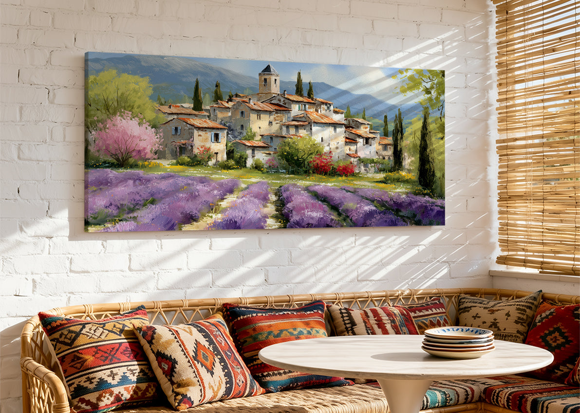 Lavender Fields & Mediterranean Village Canvas Wall Art – Single & 3 Panel Split – AI PRINT LAB