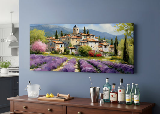 Lavender Fields & Mediterranean Village Canvas Wall Art – Single & 3 Panel Split – AI PRINT LAB