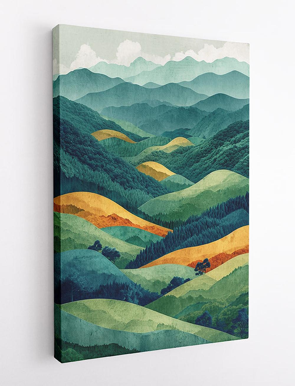 Layered Green & Gold Mountain Landscape Canvas Print & Poster – T606 – AiPrintLab