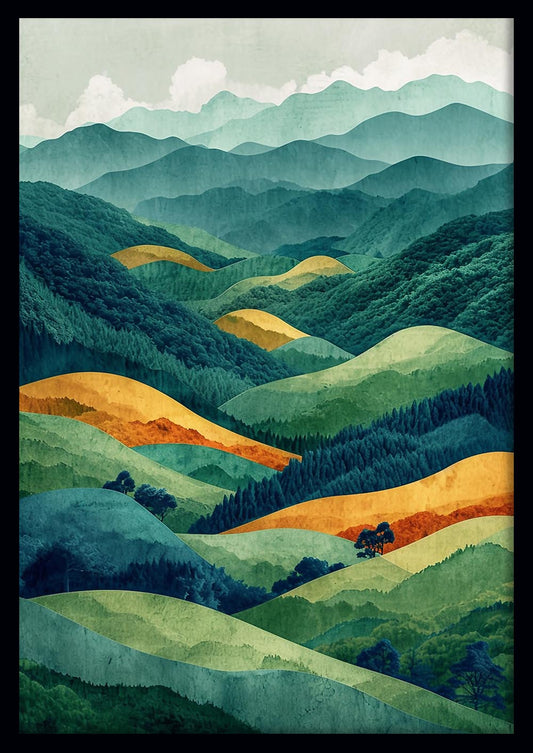 Layered Green & Gold Mountain Landscape Canvas Print & Poster – T606 – AiPrintLab