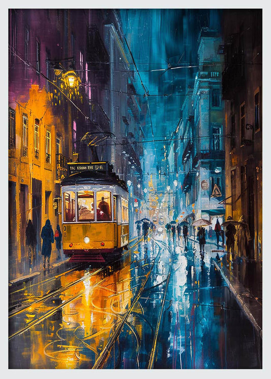 Lisbon Tram at Night – Moody Rainy Street Canvas Wall Art – T1172 – AiPrintLab