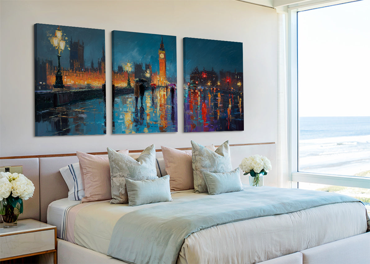 London Big Ben Night Canvas Wall Art – Rainy Westminster Single & 3 Panel Canvas