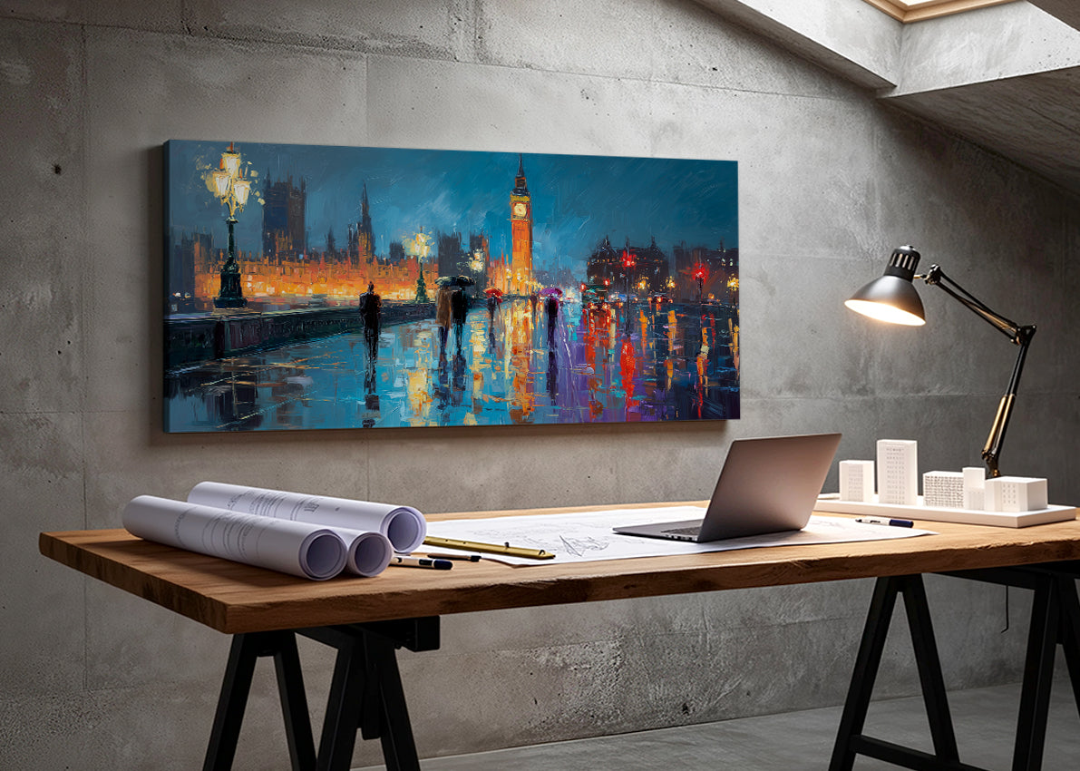 London Big Ben Night Canvas Wall Art – Rainy Westminster Single & 3 Panel Canvas