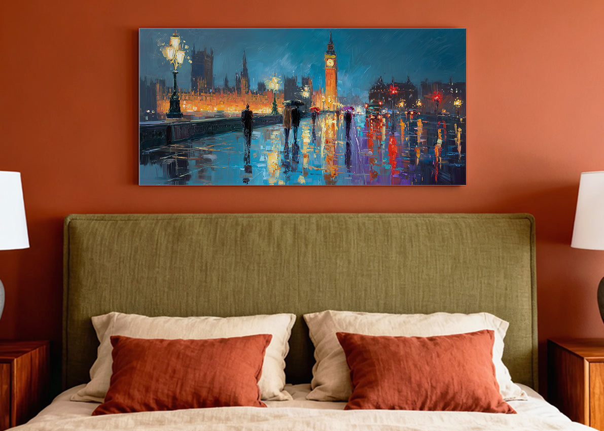 London Big Ben Night Canvas Wall Art – Rainy Westminster Single & 3 Panel Canvas