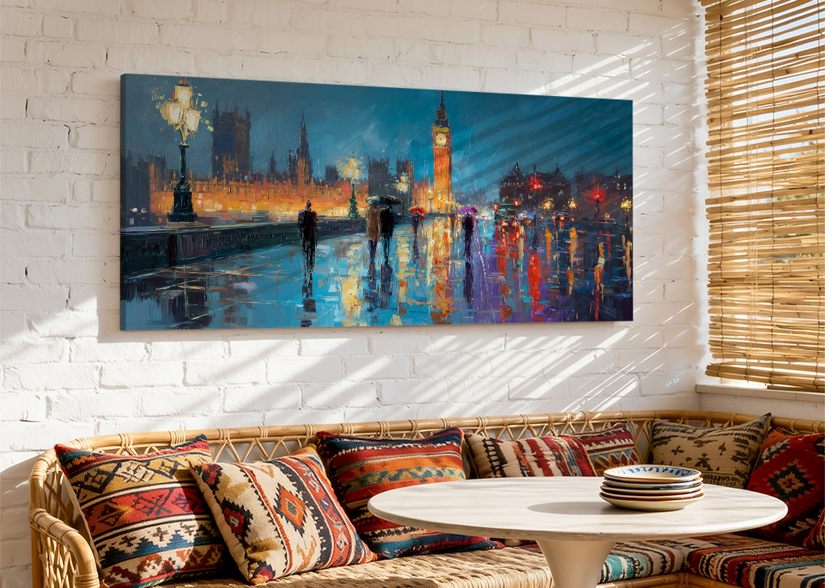 London Big Ben Night Canvas Wall Art – Rainy Westminster Single & 3 Panel Canvas