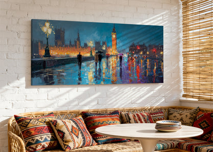 London Big Ben Night Canvas Wall Art – Rainy Westminster Single & 3 Panel Canvas