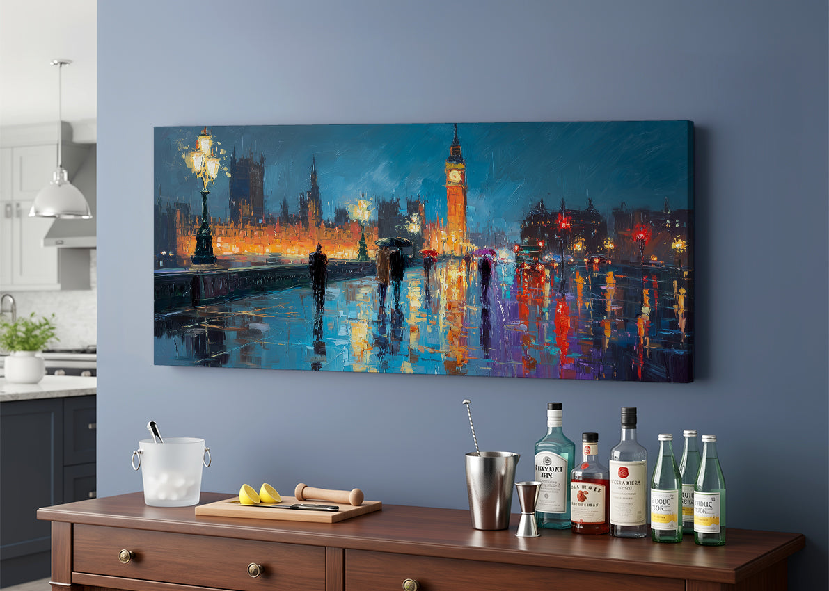 London Big Ben Night Canvas Wall Art – Rainy Westminster Single & 3 Panel Canvas
