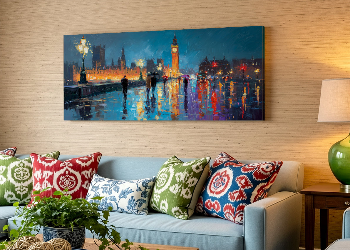 London Big Ben Night Canvas Wall Art – Rainy Westminster Single & 3 Panel Canvas