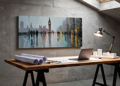 London Big Ben Rainy Street Canvas Wall Art – Westminster Reflection Single & 3 Panel Canvas