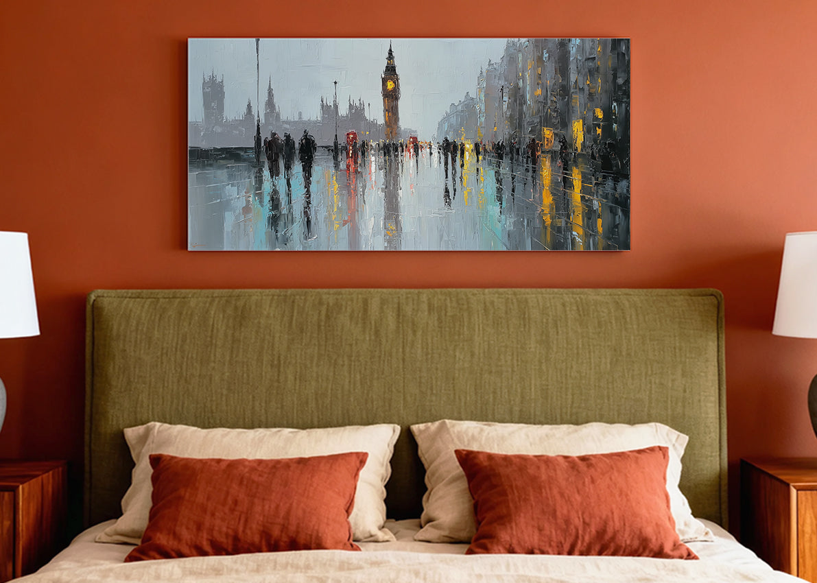 London Big Ben Rainy Street Canvas Wall Art – Westminster Reflection Single & 3 Panel Canvas