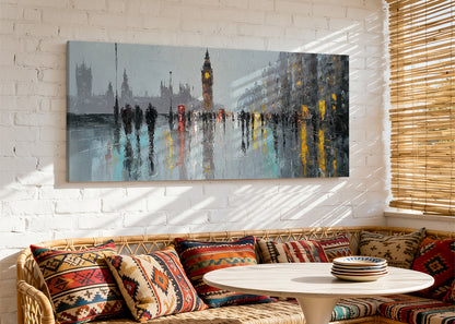 London Big Ben Rainy Street Canvas Wall Art – Westminster Reflection Single & 3 Panel Canvas