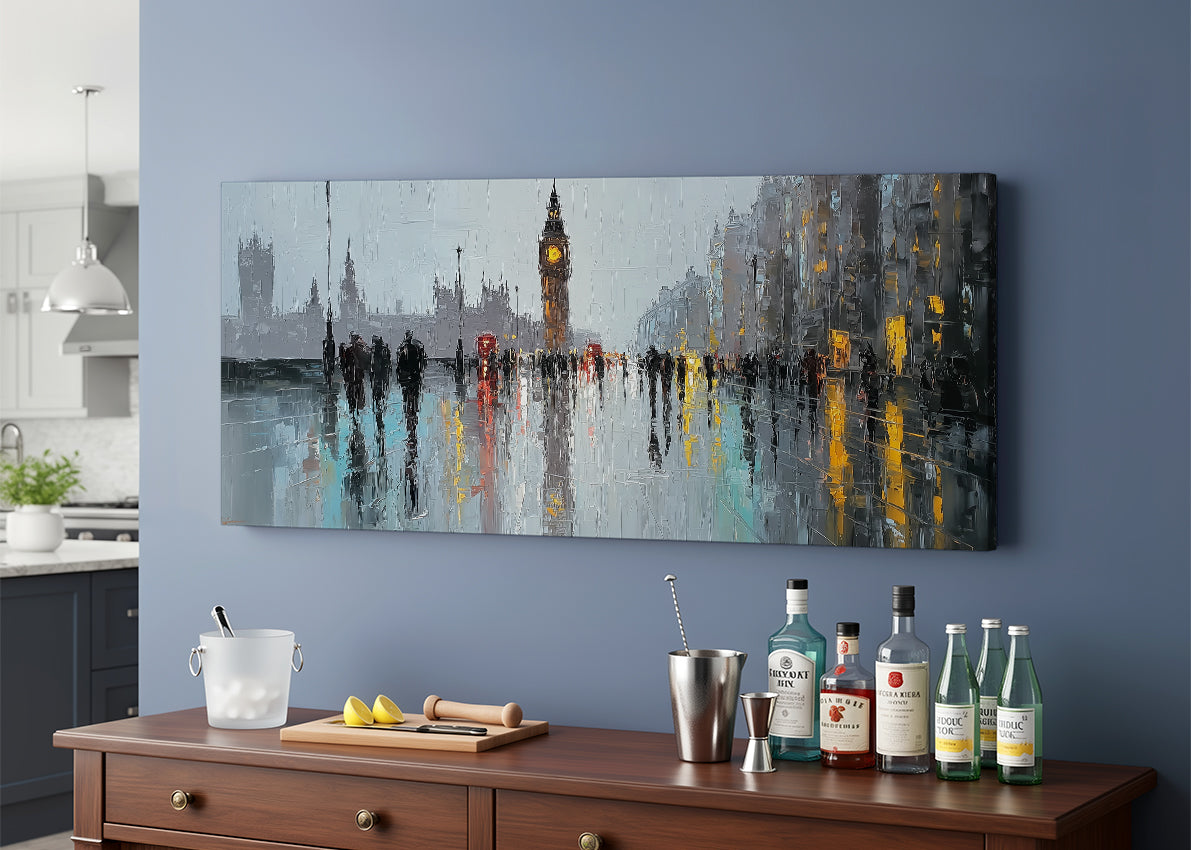London Big Ben Rainy Street Canvas Wall Art – Westminster Reflection Single & 3 Panel Canvas