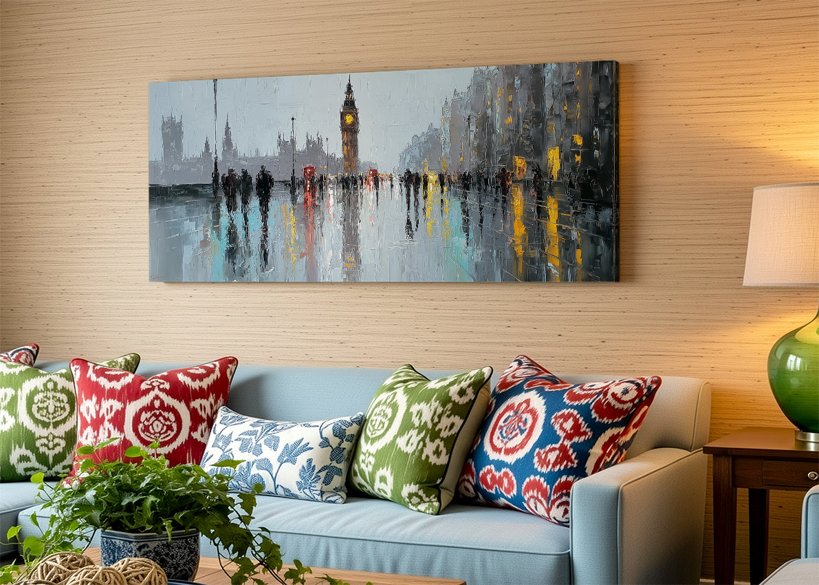 London Big Ben Rainy Street Canvas Wall Art – Westminster Reflection Single & 3 Panel Canvas
